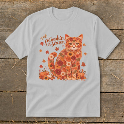 Light gray t-shirt with a cat made of flowers and pumpkins, text says "Pumpkin season".