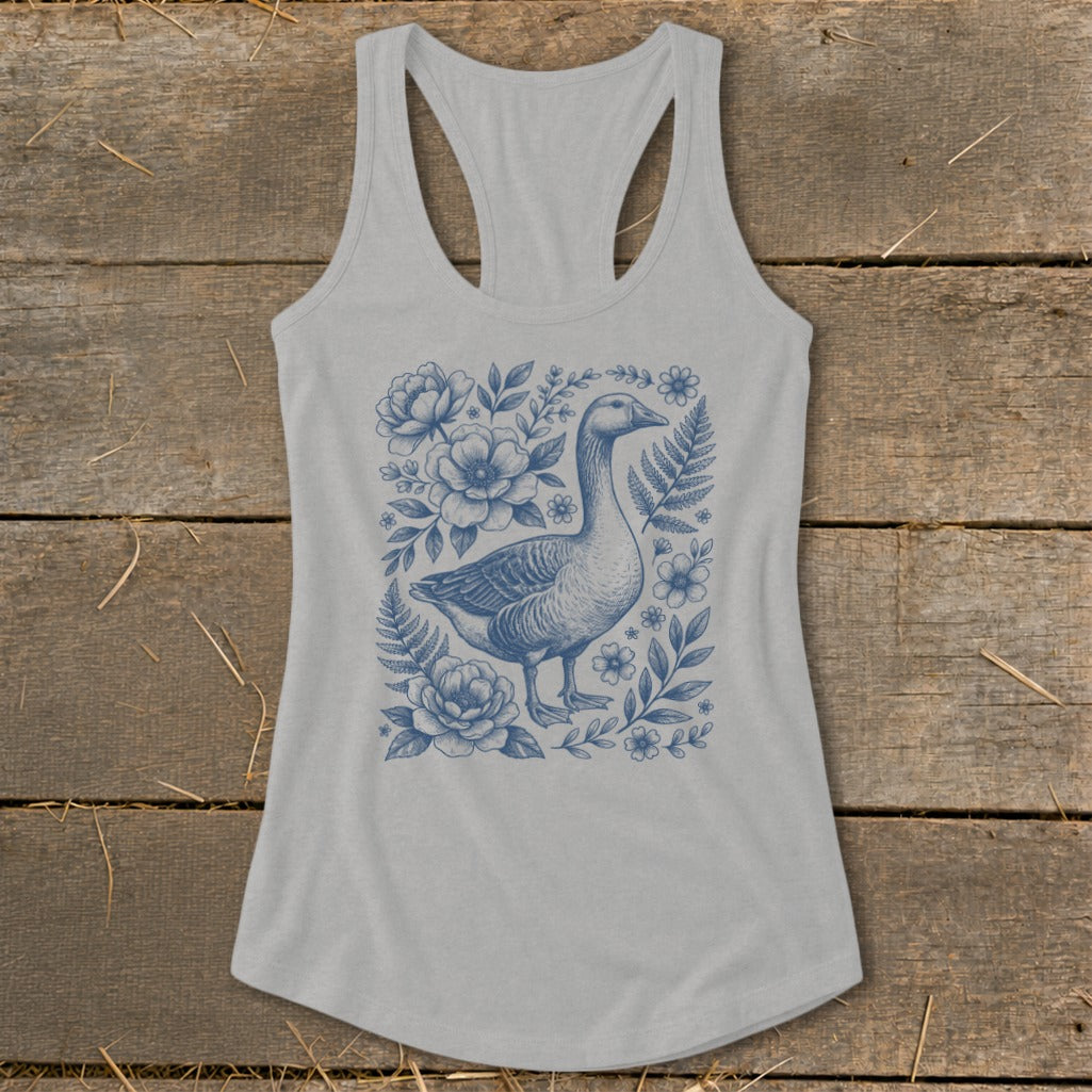 Gray tank top with a blue goose and floral illustration.