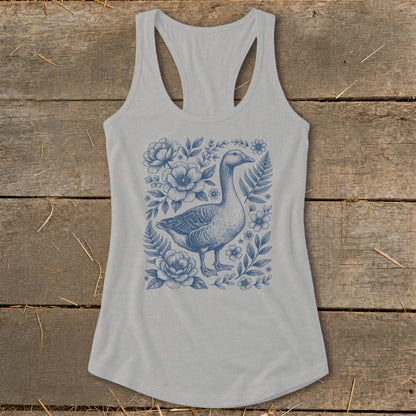 Gray tank top with a blue goose and floral illustration.