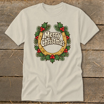 Horseshoe surrounded by holly and berries with "Merry Christmas" text.