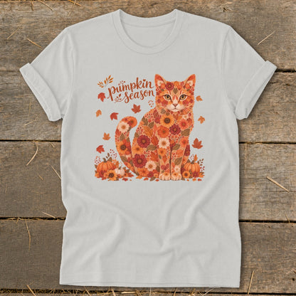 T-shirt with a cat design made of flowers and leaves, featuring text "Pumpkin season."