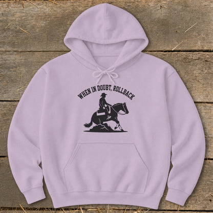 Lilac hoodie with black graphic of rider on horse and text "When in Doubt, Rollback".