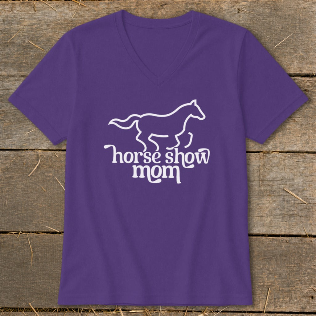 Purple v-neck t-shirt with white horse outline and "horse show mom" text.