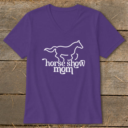Purple v-neck t-shirt with white horse outline and "horse show mom" text.