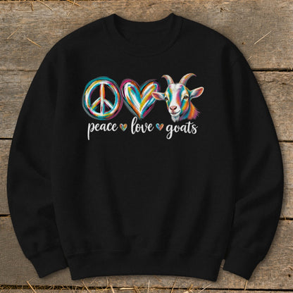 Black sweatshirt with colorful peace sign, heart, and goat graphic and text.