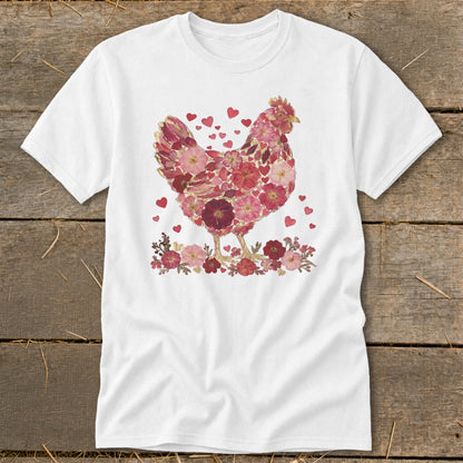 White t-shirt with a chicken design made of red and pink flowers and hearts.