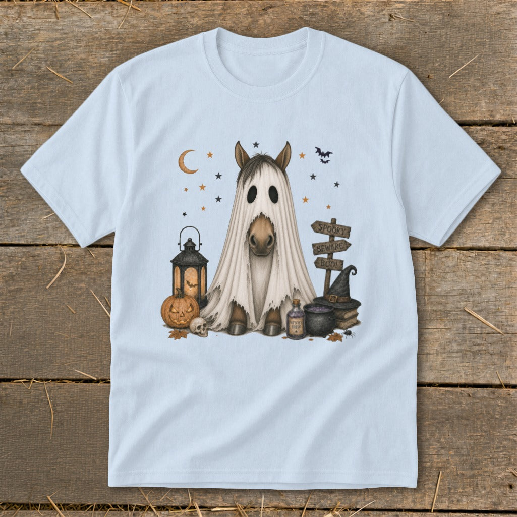 Horse in ghost costume with Halloween elements and text "Spooky Beware Boo!"