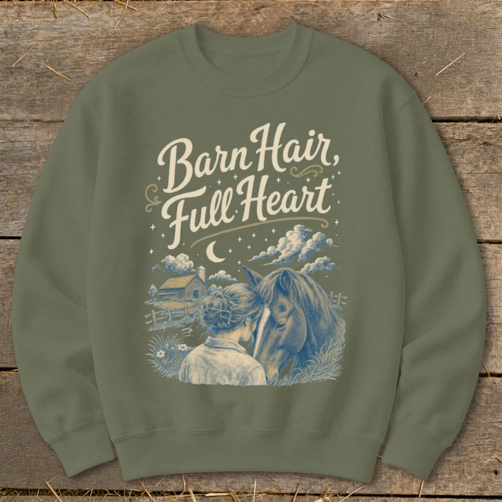 Green sweatshirt with "Barn Hair, Full Heart" text and horse and girl illustration.