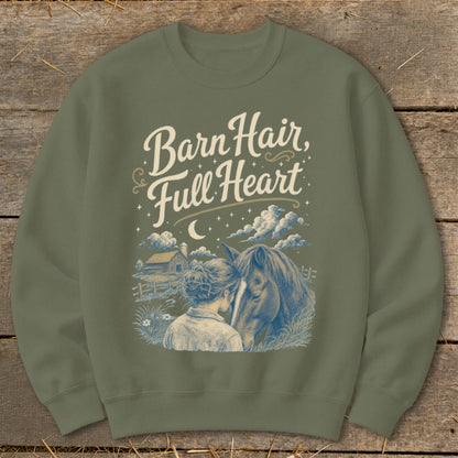 Green sweatshirt with "Barn Hair, Full Heart" text and horse and girl illustration.