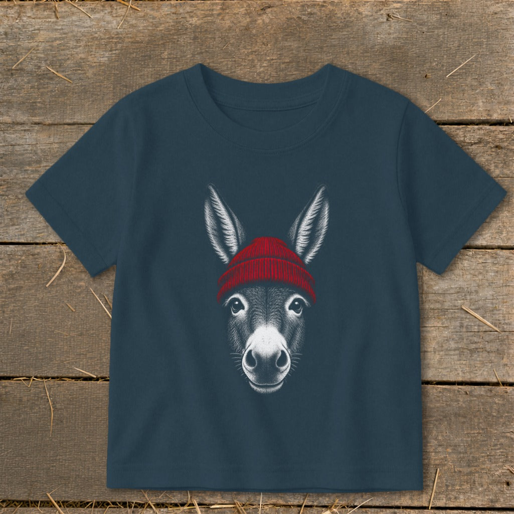 Dark blue short-sleeve children's t-shirt featuring a graphic illustration of a donkey wearing a red winter beanie.