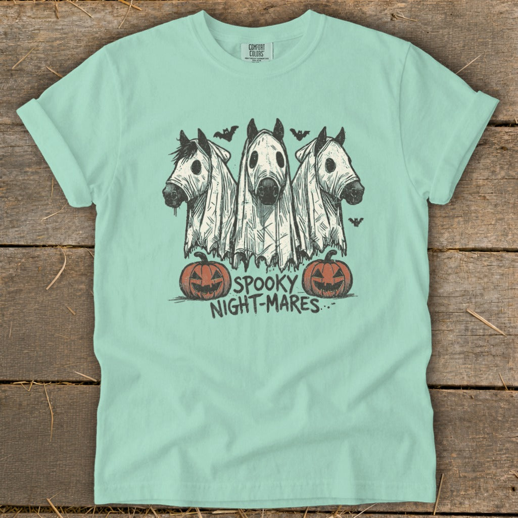 Three horses wearing ghost costumes with pumpkins and bats, text reads "SPOOKY NIGHT-MARES".