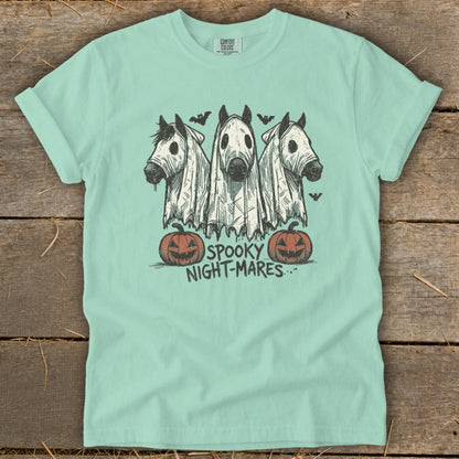 Three horses wearing ghost costumes with pumpkins and bats, text reads "SPOOKY NIGHT-MARES".