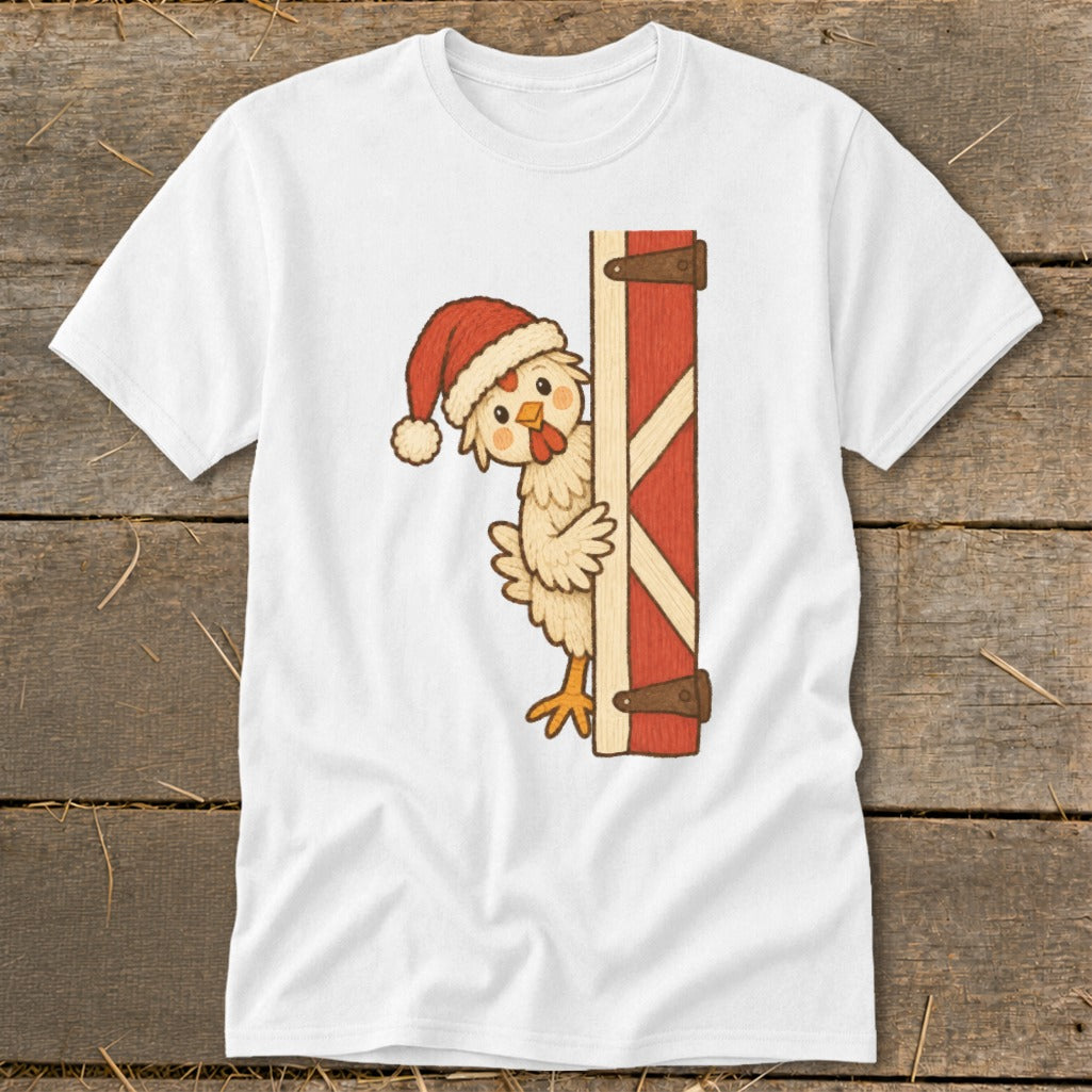 Cartoon chicken wearing a Santa hat peeks from behind a red barn door.