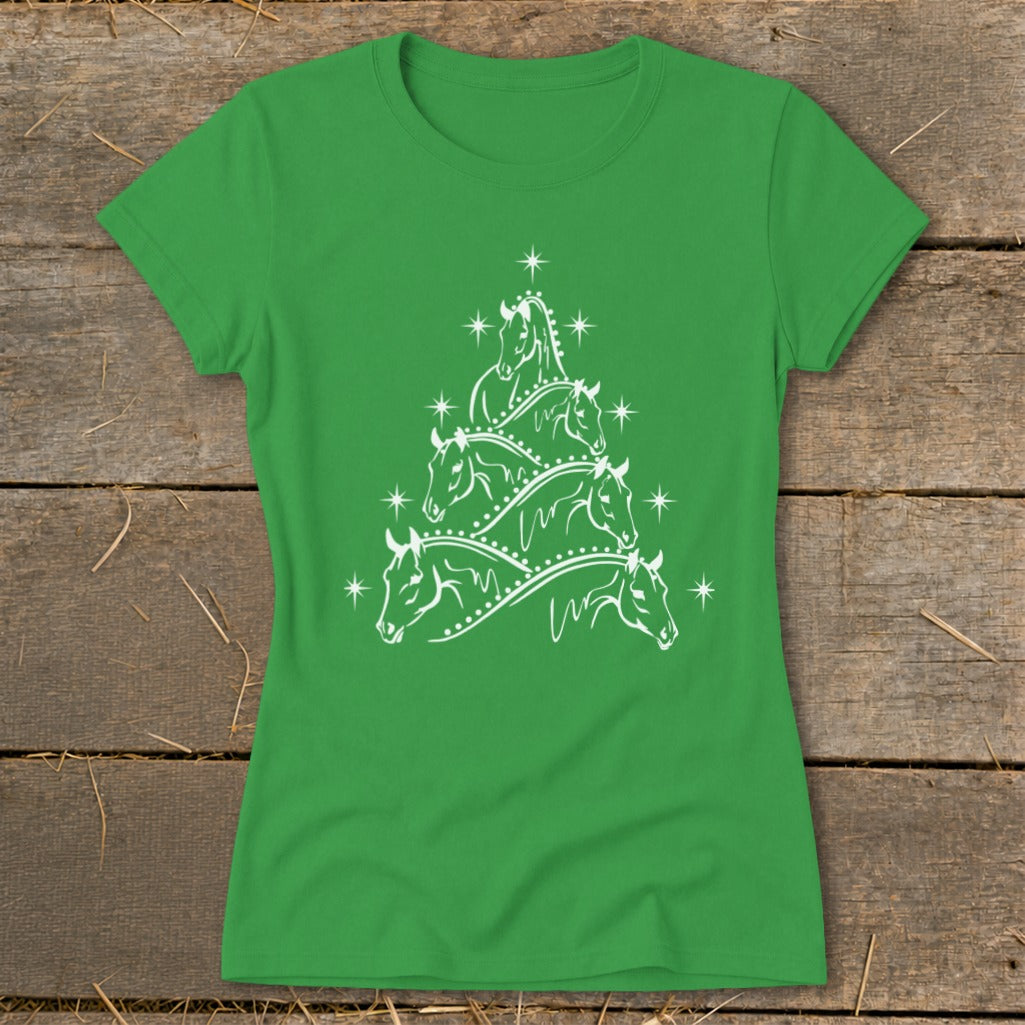 Green t-shirt with a white horse silhouette Christmas tree design.