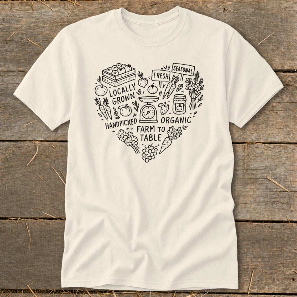 Cream t-shirt with heart-shaped farm graphics and text "Farm to Table".