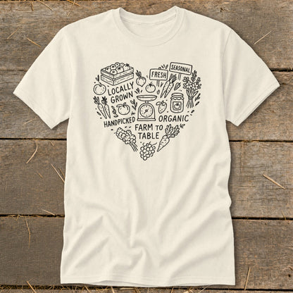 Cream t-shirt with heart-shaped farm graphics and text "Farm to Table".