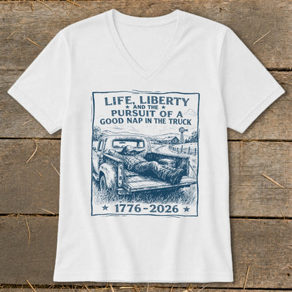 White t-shirt with blue graphic: "Life, Liberty and the Pursuit of a Good Nap in the Truck."