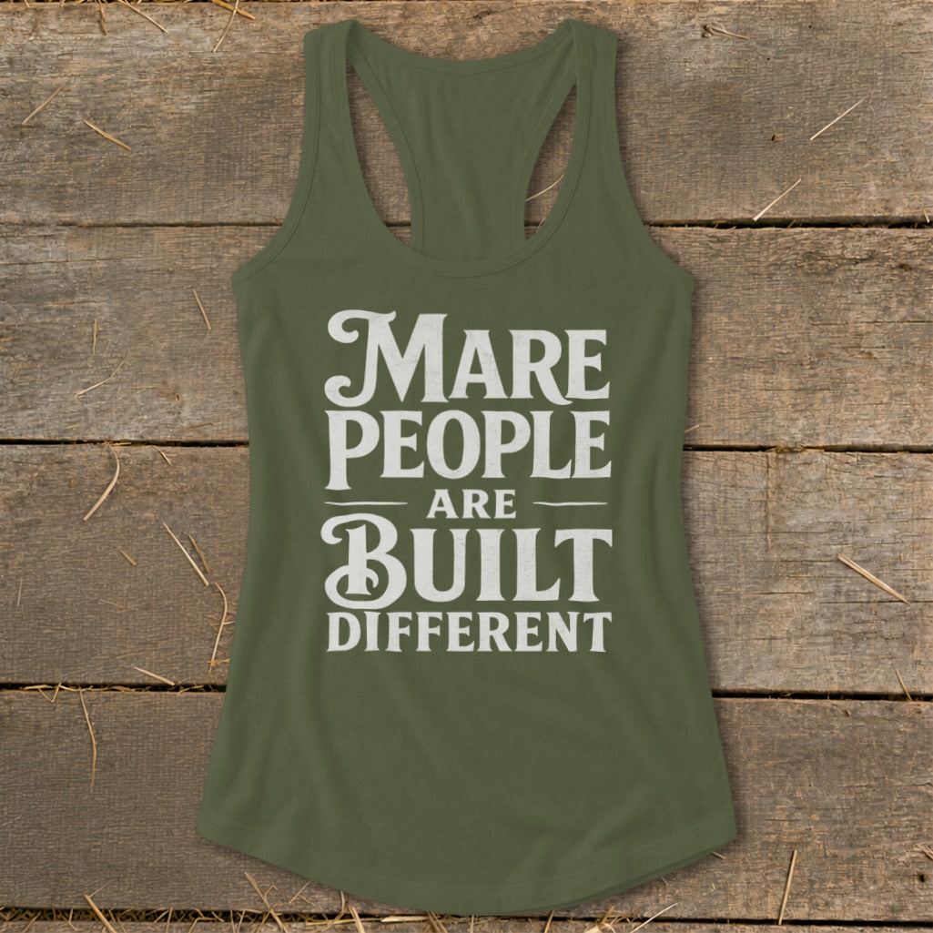 Olive green racerback tank top with white text "Mare People Are Built Different".