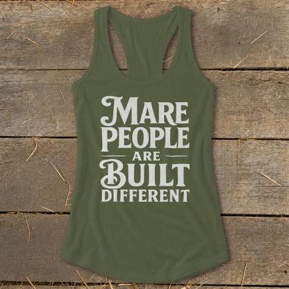 Olive green racerback tank top with white text "Mare People Are Built Different".
