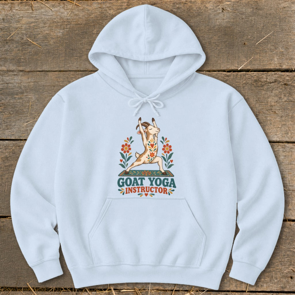 Light blue hoodie with "Goat Yoga Instructor" text and a goat in a yoga pose.