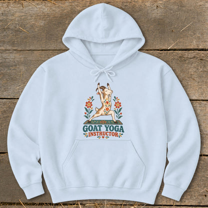 Light blue hoodie with "Goat Yoga Instructor" text and a goat in a yoga pose.