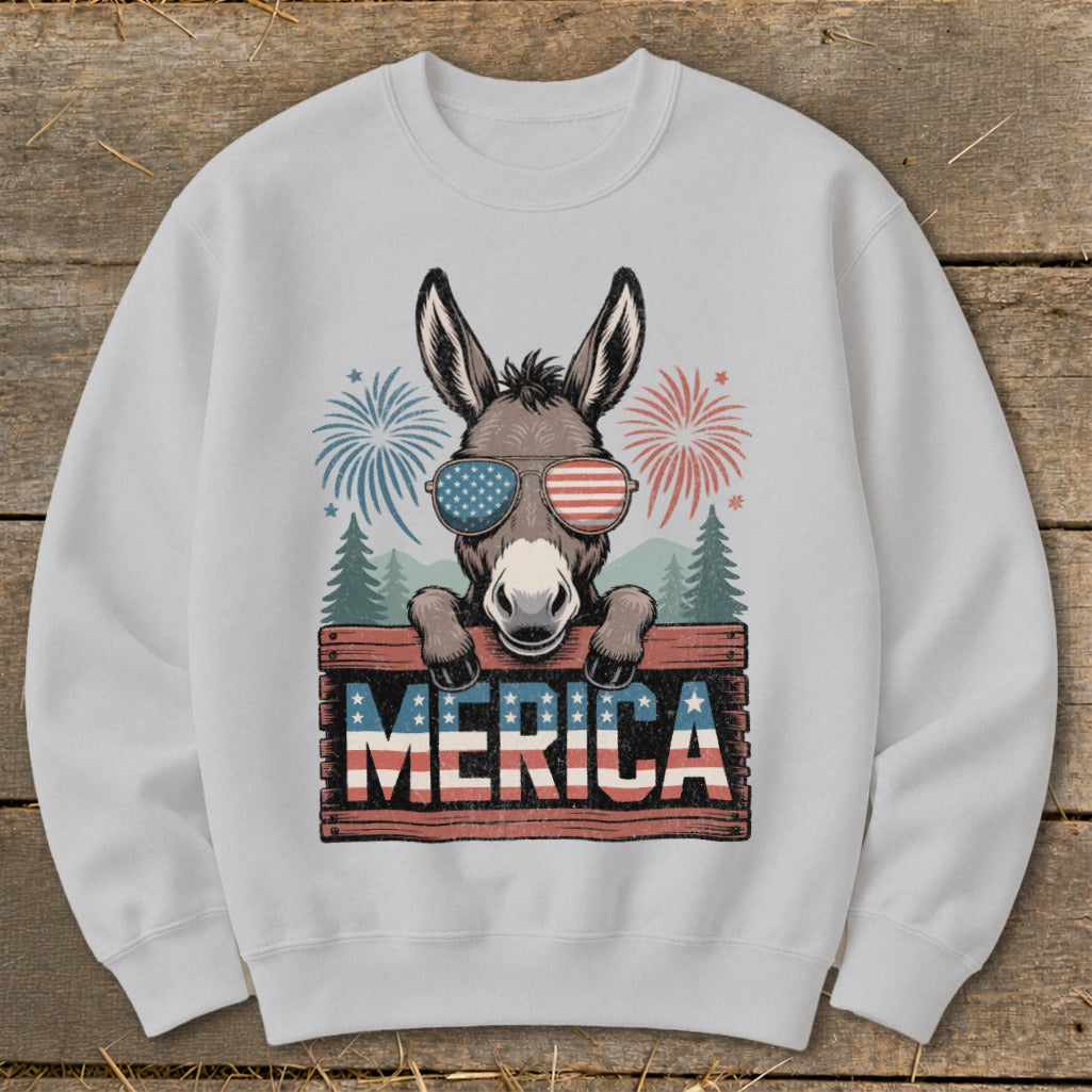 Donkey wearing American flag sunglasses and fireworks behind it, with "MERICA" text.