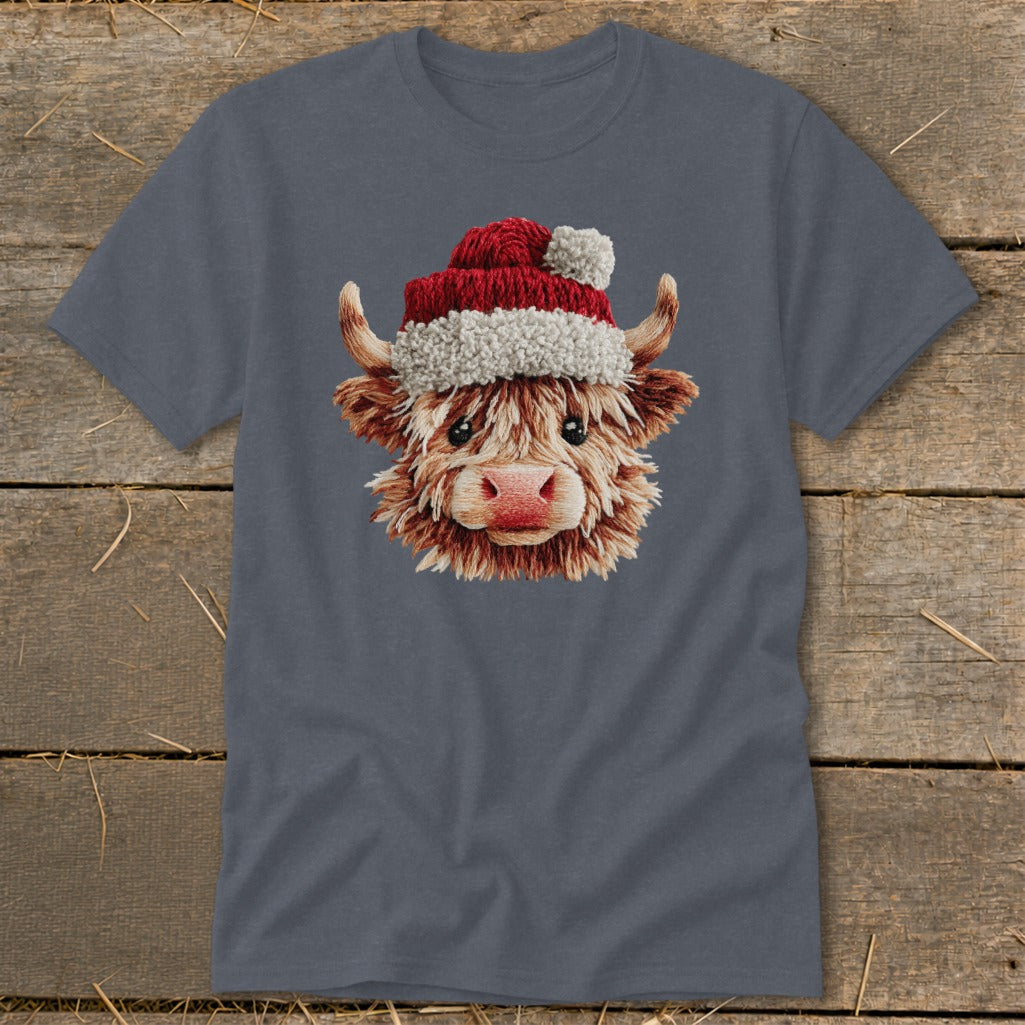 Highland cow wearing a Santa hat, printed on a grey t-shirt.