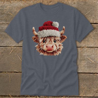 Highland cow wearing a Santa hat, printed on a grey t-shirt.