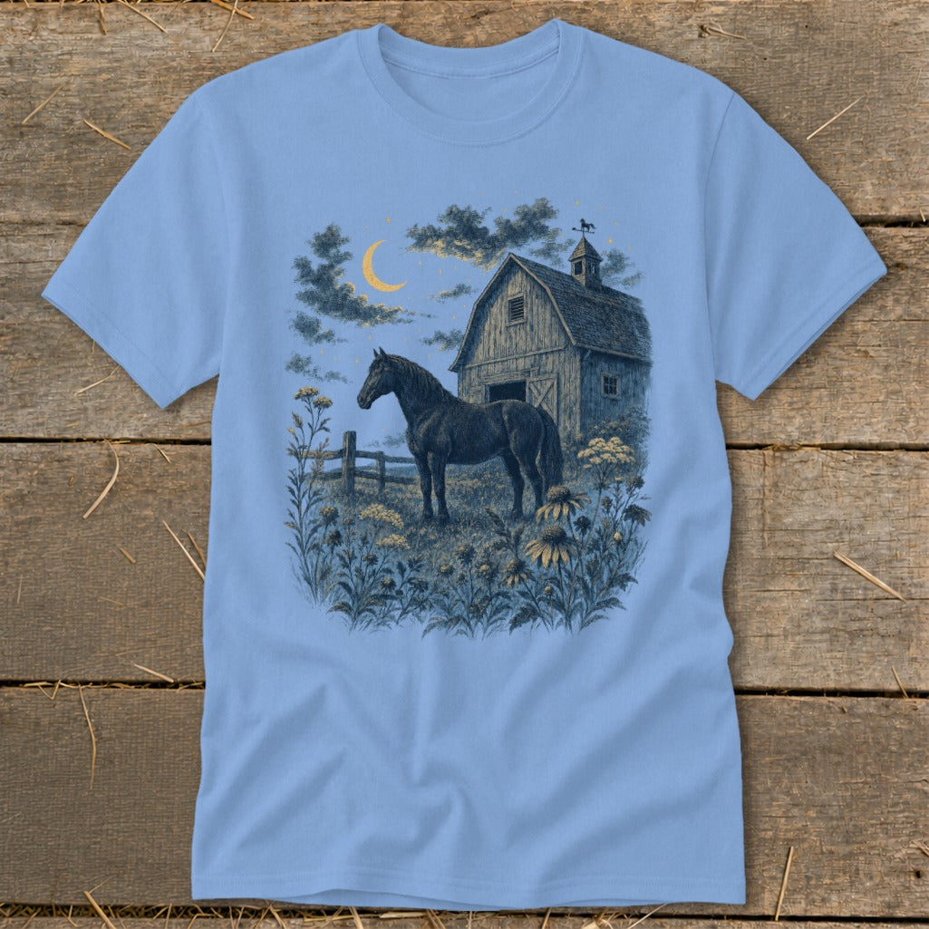 Dark horse in a field by a barn under a crescent moon and starry sky.