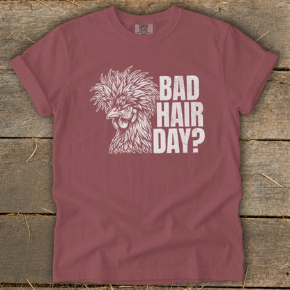T-shirt with white chicken and "BAD HAIR DAY?" text