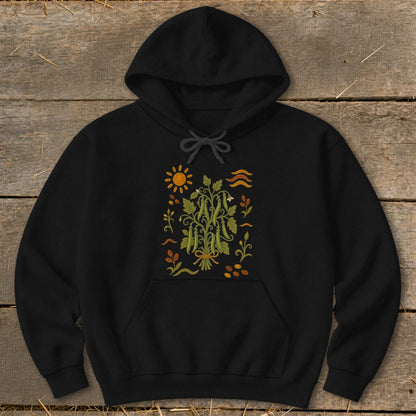 Black hoodie with embroidered illustration of a bunch of green beans and sun.