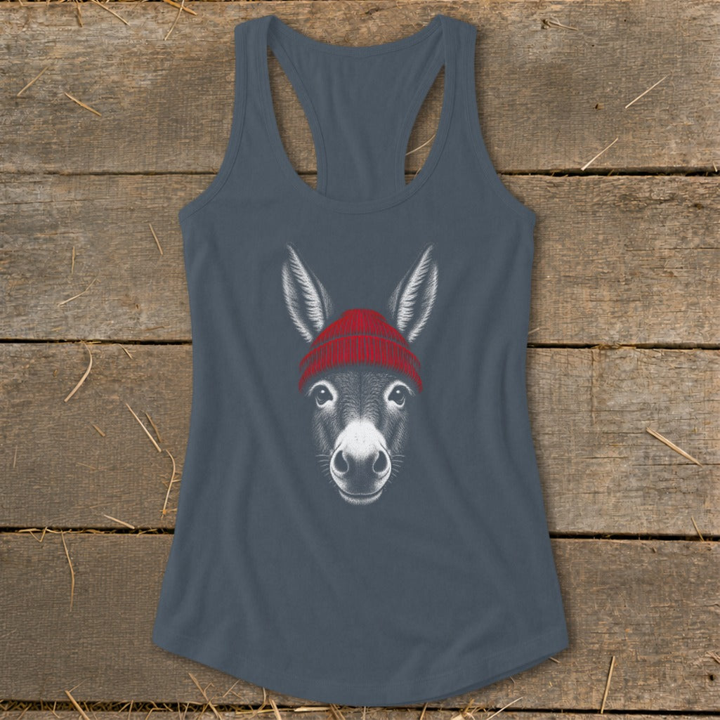 Charcoal gray racerback tank top featuring a graphic of a donkey wearing a red beanie.