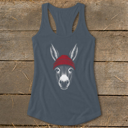 Charcoal gray racerback tank top featuring a graphic of a donkey wearing a red beanie.