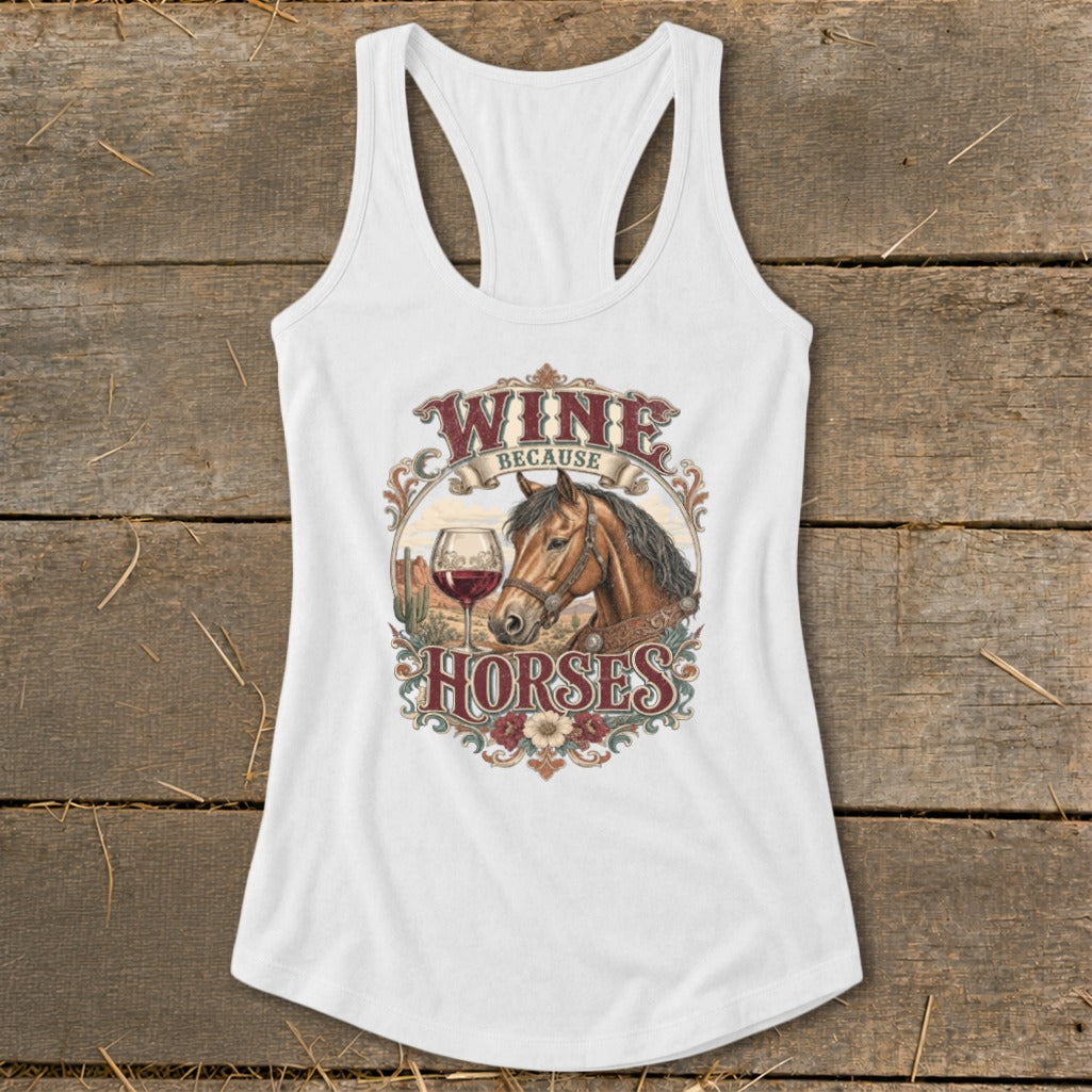 White tank top with graphic reading "Wine Because Horses" and horse illustration.