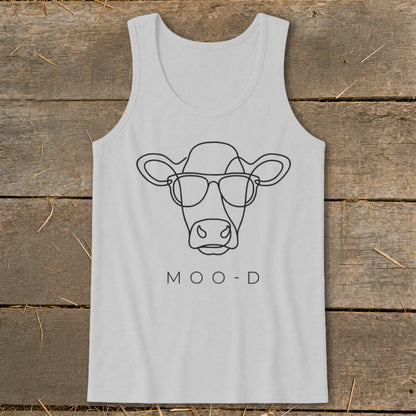 Light gray tank top with a black line drawing of a cow wearing sunglasses and "MOO-D" text.