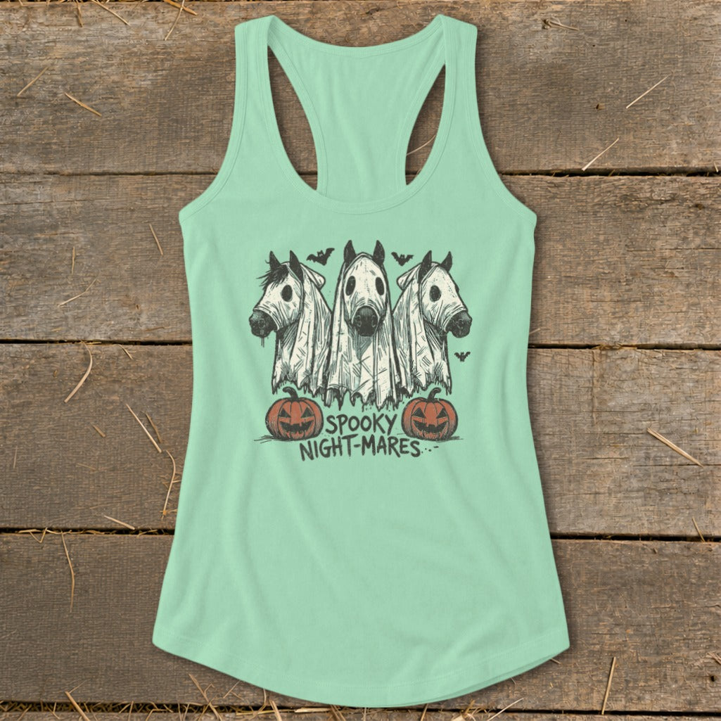 Mint green tank top with three horses in ghost costumes and pumpkins, text "Spooky Night-Mares".