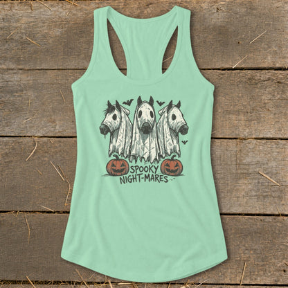 Mint green tank top with three horses in ghost costumes and pumpkins, text "Spooky Night-Mares".