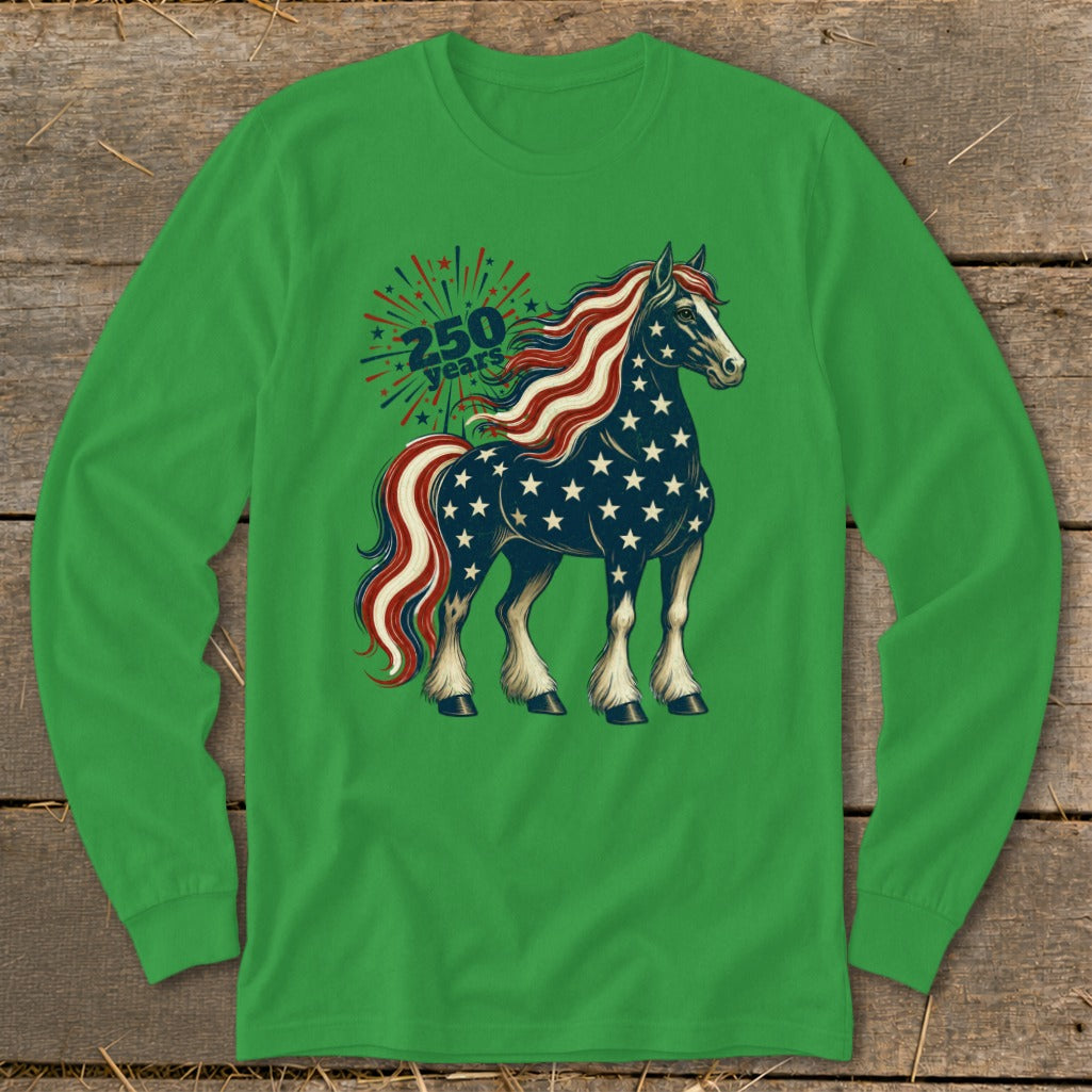Green long-sleeve shirt with a patriotic horse graphic and "250 years" text.