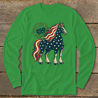 Green long-sleeve shirt with a patriotic horse graphic and "250 years" text.