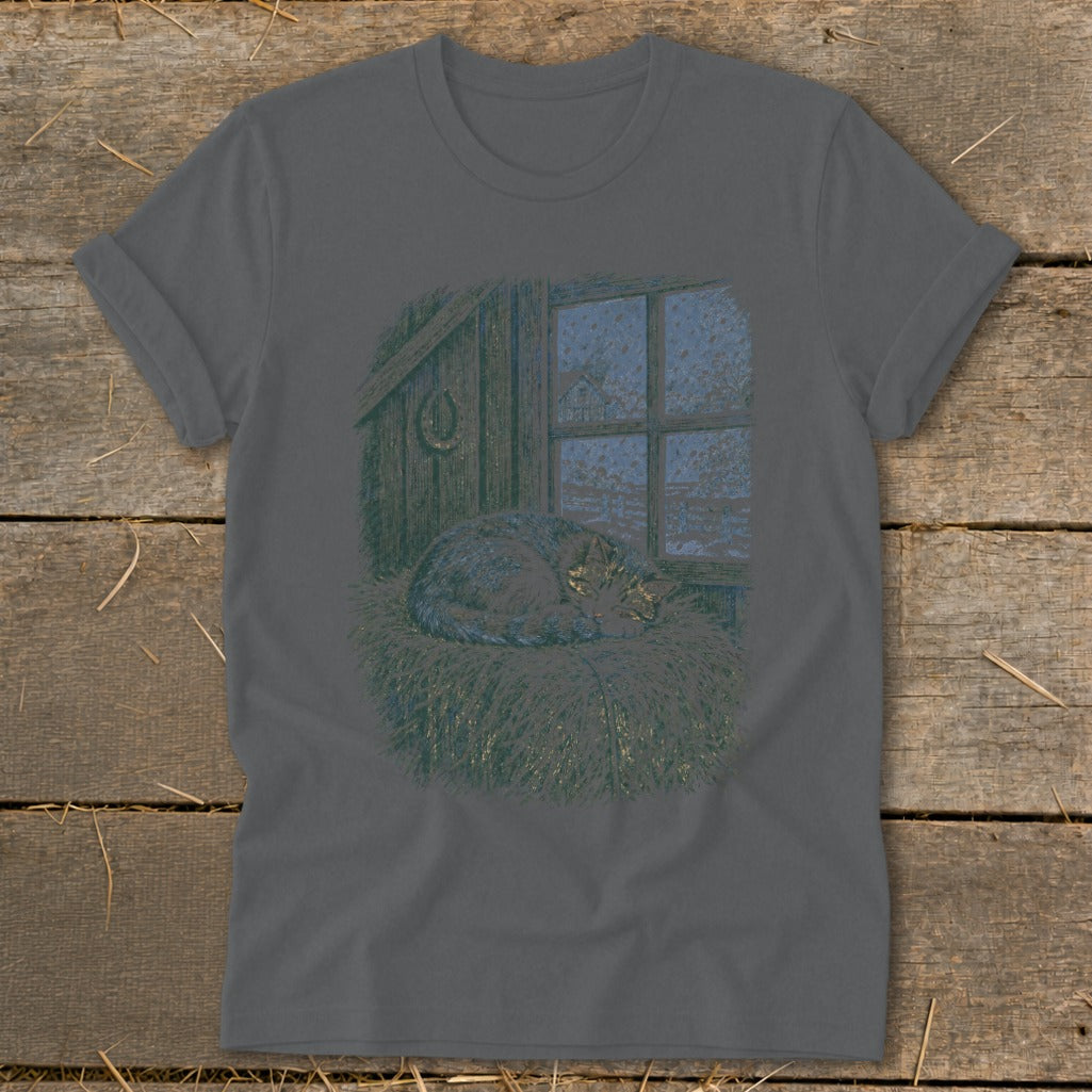 Gray t-shirt with a graphic of a sleeping cat in a barn window.