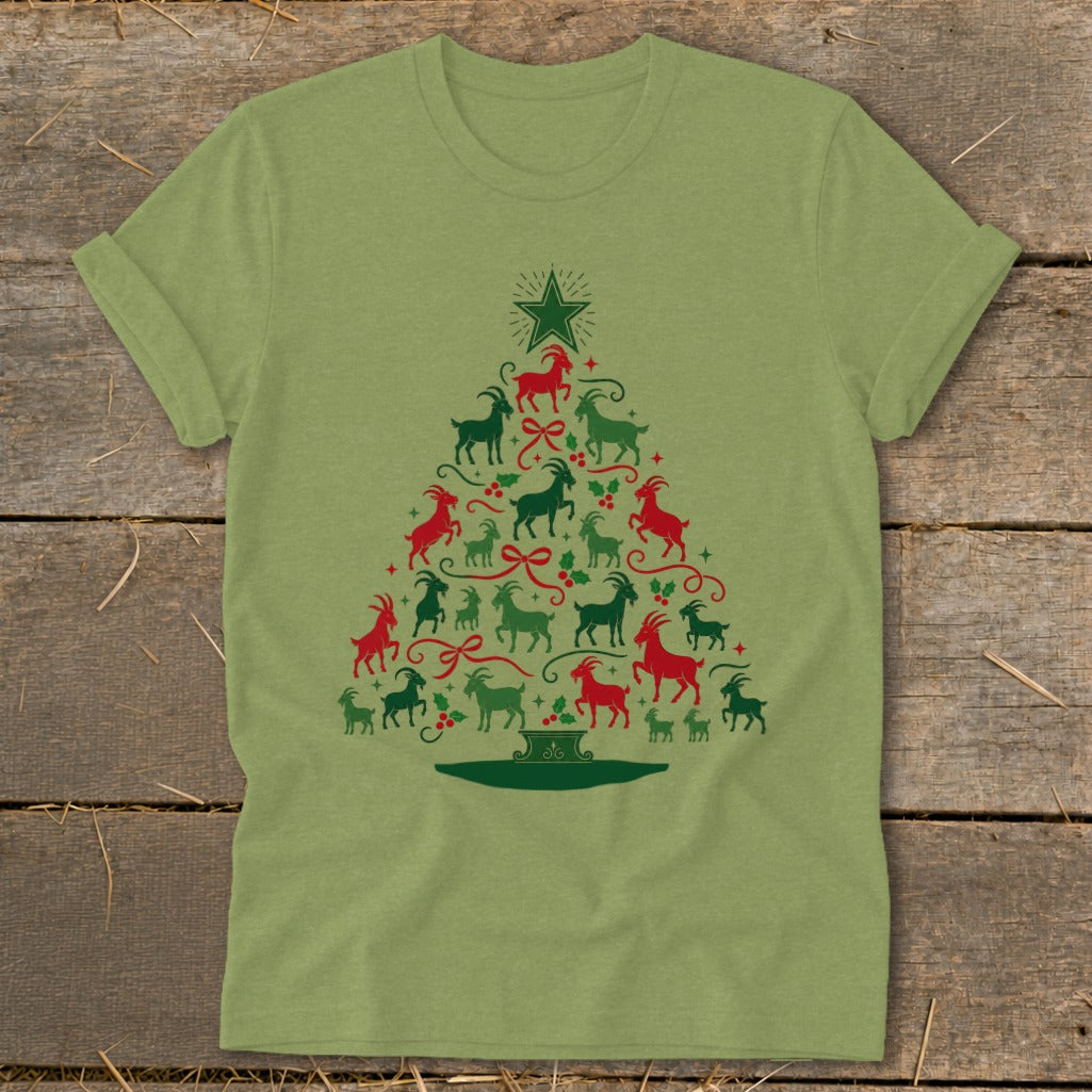 Green t-shirt with a Christmas tree made of red and green goats and holly.