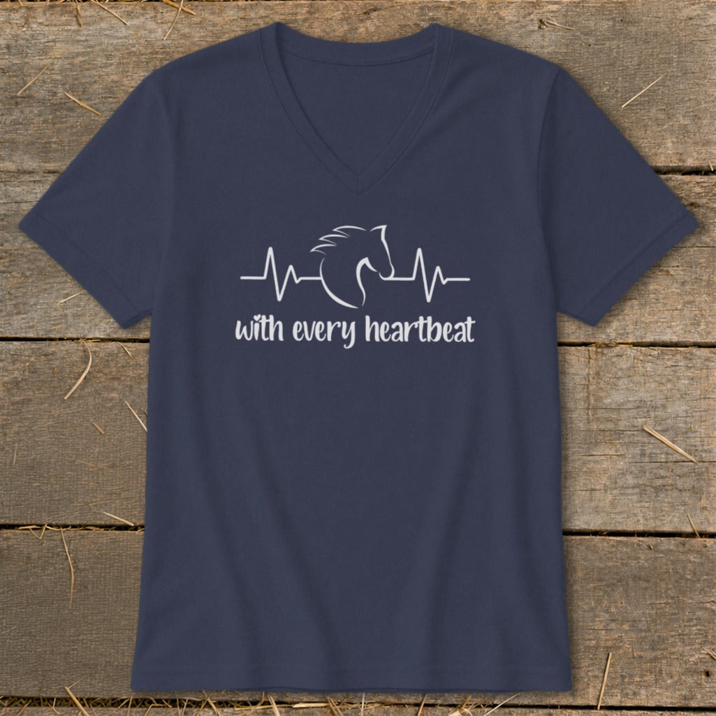 Navy v-neck t-shirt with white horse heartbeat graphic and text.