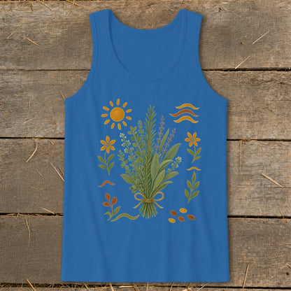 Blue tank top with a bouquet of herbs and floral graphic.