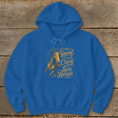 Blue hoodie with "It Takes A Special Kind Of Crazy To Love Horses" text and a running horse graphic.