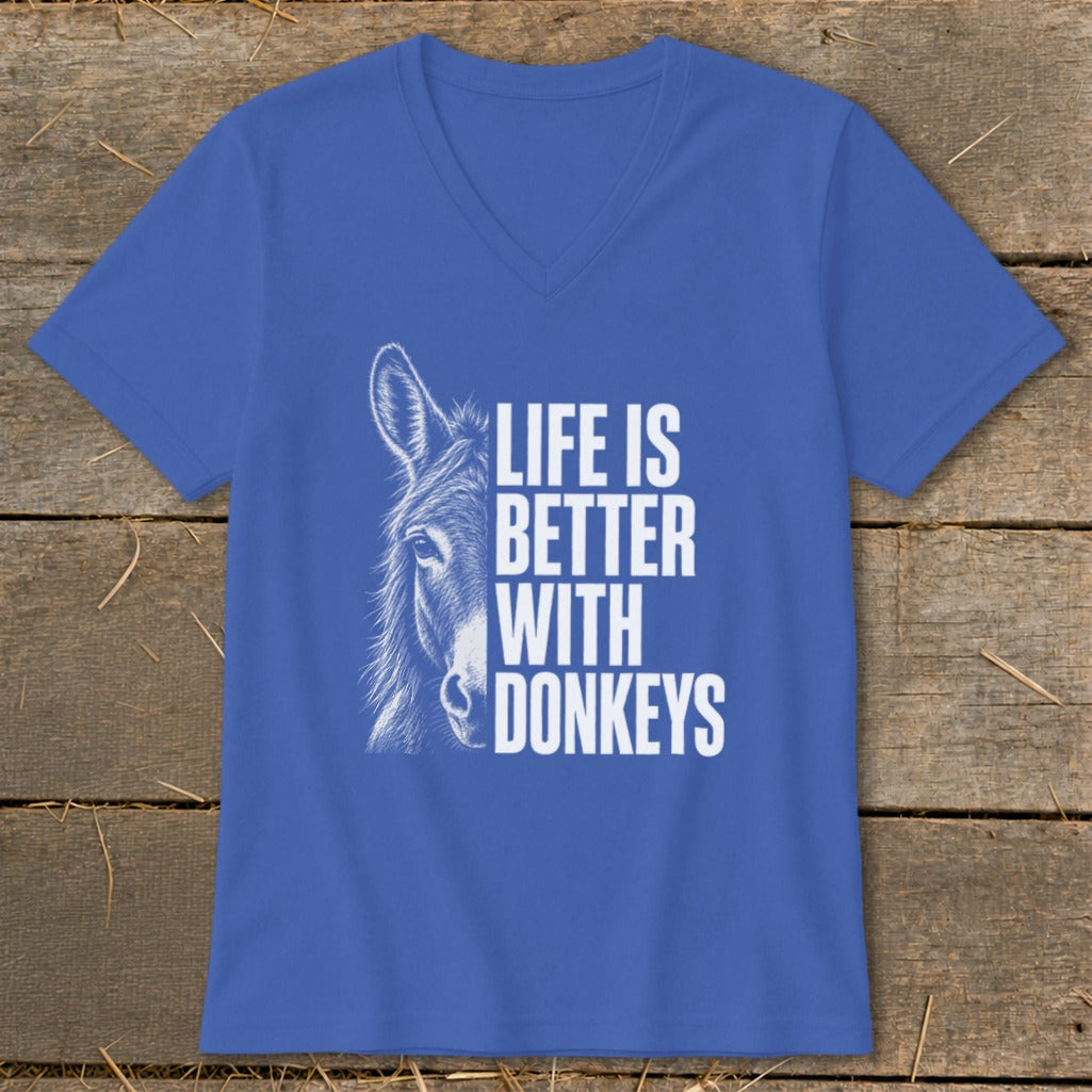 Blue v-neck t-shirt with a sketch of a donkey and the text "Life is Better With Donkeys".