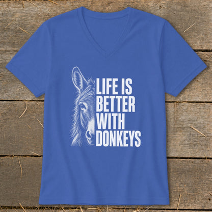 Blue v-neck t-shirt with a sketch of a donkey and the text "Life is Better With Donkeys".
