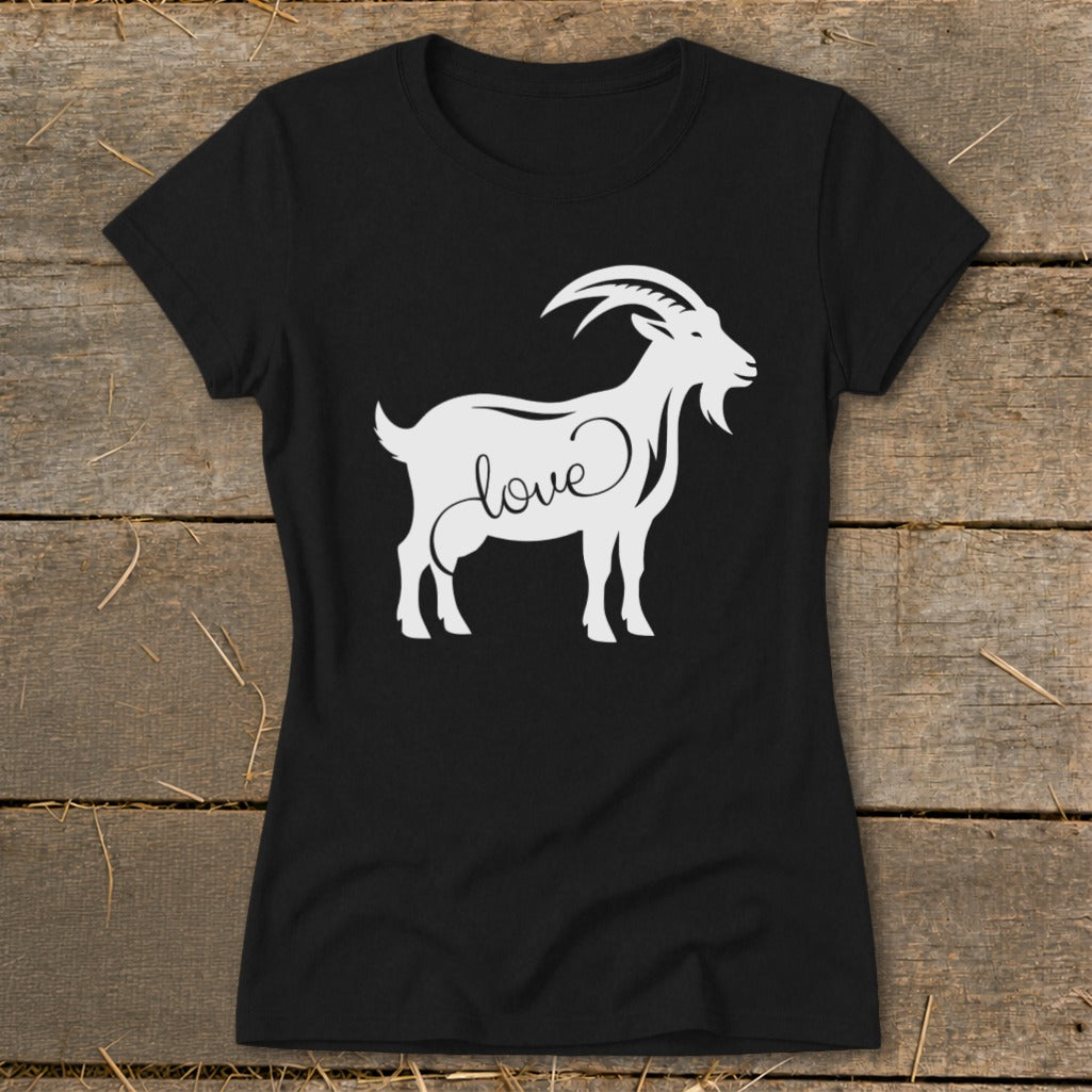 Black t-shirt with white graphic of a goat and the word "love".