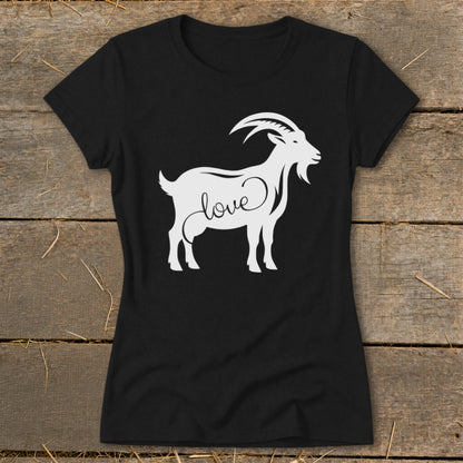 Black t-shirt with white graphic of a goat and the word "love".