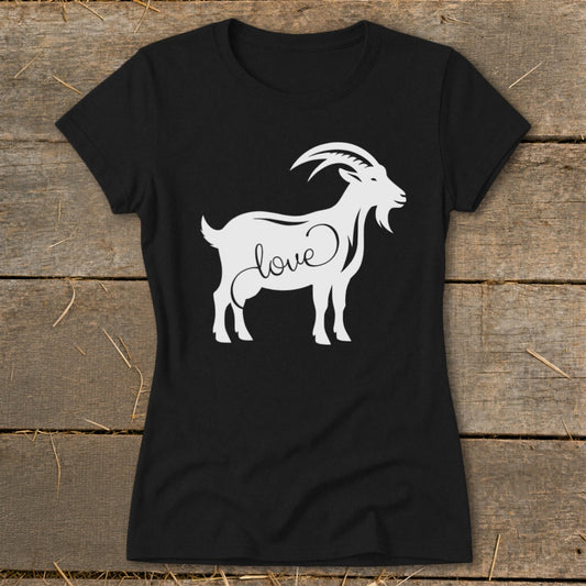 Black t-shirt with white graphic of a goat and the word "love".