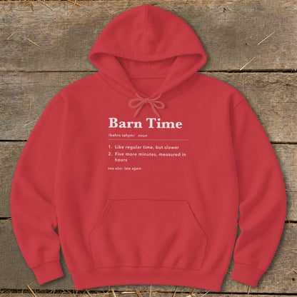 Red hoodie with "Barn Time" definition text printed on the front.